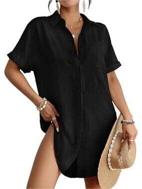 Women's Swim Coverup Shirt Dress Button Down Beachwear Short Sleeve